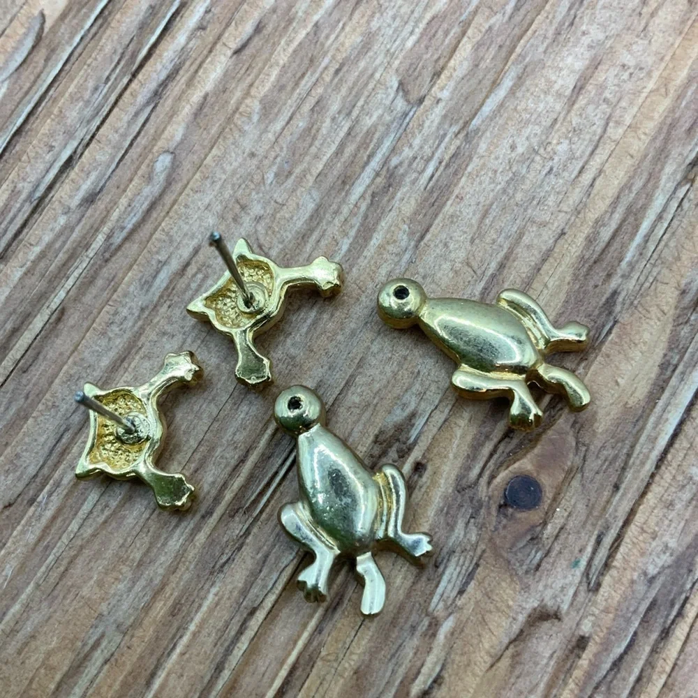 Cat Kitten Vintage Korea Gold Tone Ear Jacket Dangle Stud Earrings